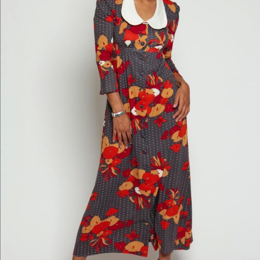 70s Maxi Dress Boho Floral Print PUFF Sleeve 1970s Empire Waist Vintage small - Picture 2 of 5